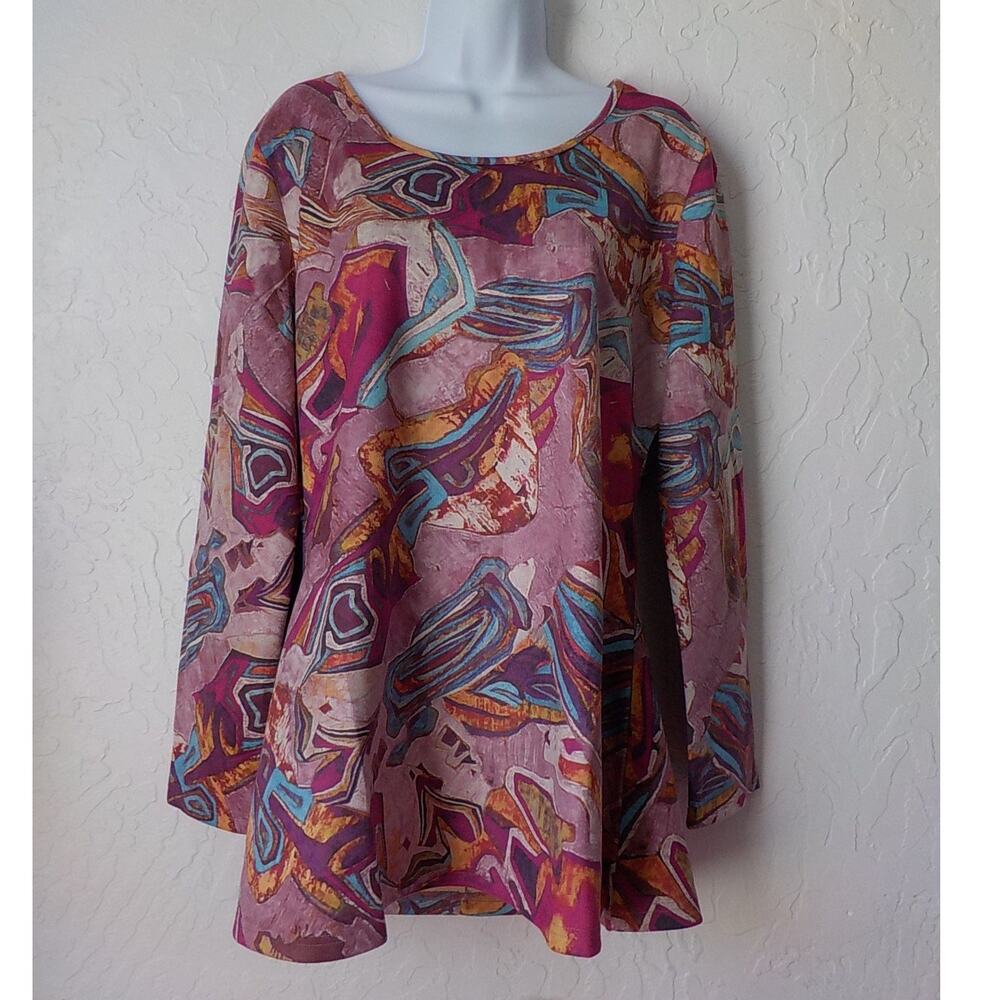 Radzoli Pink Geometric Tunic Women size Large Velvet Touch Long Sleeve Multicolo